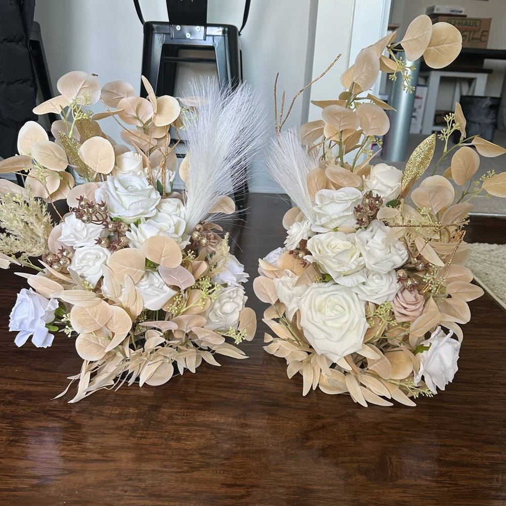 Set of 2 - Ling’s Moment Free Standing Flowers White & Beige